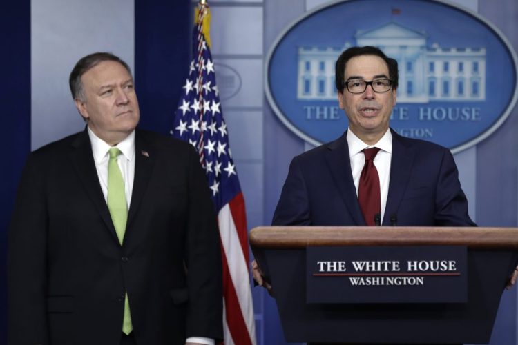 Secretary of State Mike Pompeo and Treasury Secretary Steve Mnuchin announce additional sanctions placed on Iran, at the White House on Friday.