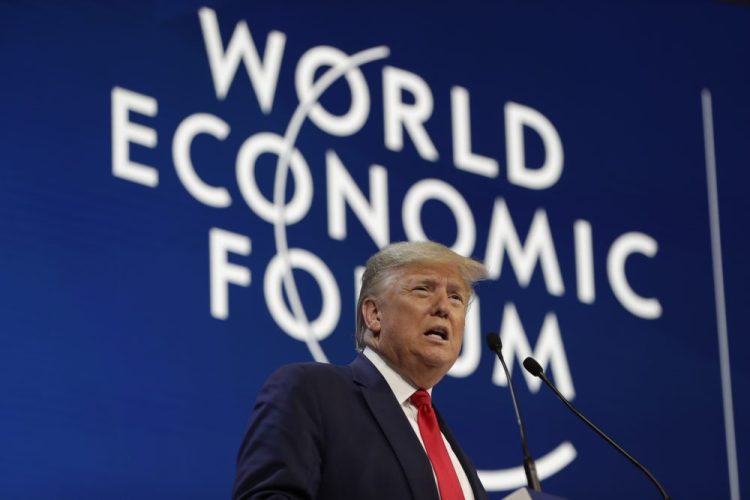 President Trump delivers the opening remarks at the World Economic Forum on Tuesday in Davos, Switzerland. During his speech, Trump repeatedly praised himself, saying he rescued the American manufacturing industry and took credit for additional funding that has been approved for historically black colleges and universities.