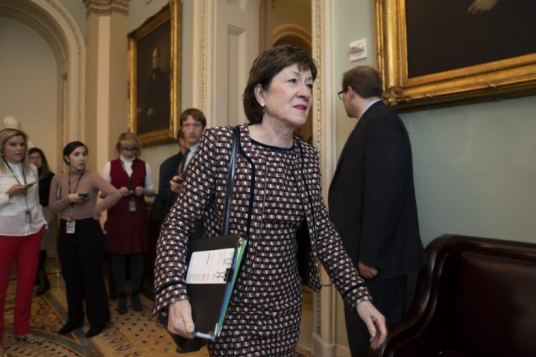 Sen. Susan Collins, R-Maine, arrives for a closed meeting with fellow Republicans about the looming impeachment trial of President Trump at the Capitol in Washington on Jan. 7.