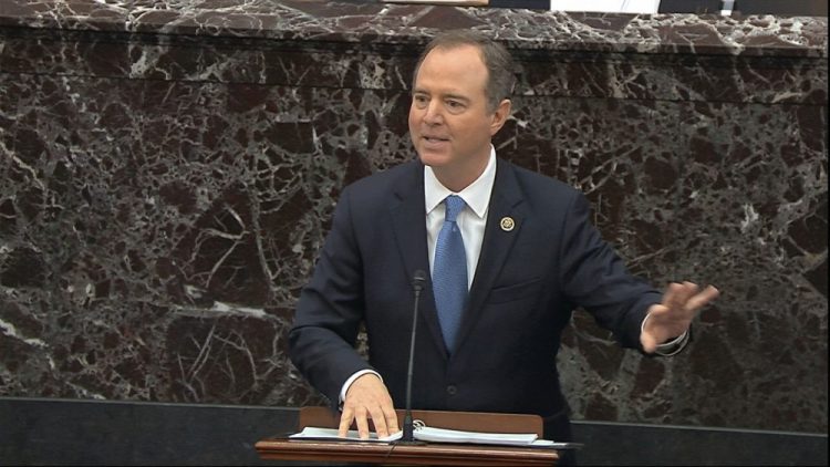 In this image from video, House impeachment manager Rep. Adam Schiff, D-Calif., speaks during the impeachment trial against President Trump in the Senate at the U.S. Capitol in Washington on Thursday.