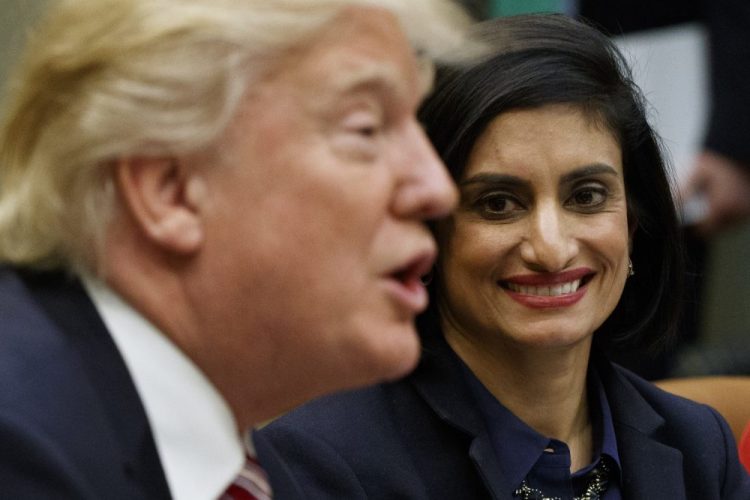 Administrator of the Centers for Medicare and Medicaid Services Seema Verma listen at right as President Trump speaks March 22, 2017, during a meeting in the Roosevelt Room of the White House in Washington.