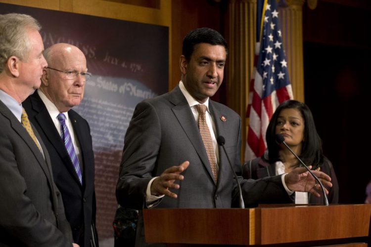 Rep. Ro Khanna, D-Calif., accompanied by Sen. Chris Van Hollen, D-Md., Sen. Patrick Leahy, D-Vt., and Rep. Pramila Jayapal, D-Wash., speaks during a news conference on a measure limiting President Trump's ability to take military action against Iran, on Capitol Hill, in Washington on Thursday.