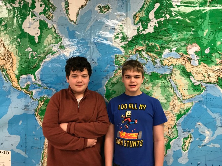 Eighth-graders Owen Libby, left, and Nick Tibbetts. Libby was named champion of the annual Geography Bee at Waterville Junior High School. Tibbetts was runner-up.