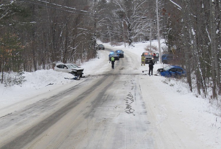 The scene of a fatal motor vehicle accident in Wayne on Saturday. Blanche Fyler, 84, of Wayne, was killed after her vehicle struck another head-on on Pond Road.