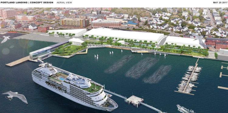 An aerial view of the proposed “Portland Landing” park, which would be located on the waterfront behind the Ocean Gateway cruise ship terminal.