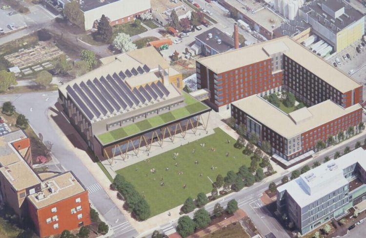 USM wants to build a student success/career center, shown in this rendering in the middle, and a 550-bed residence hall, upper right, on its Portland campus. At left is the existing Luther Bonney Hall. 