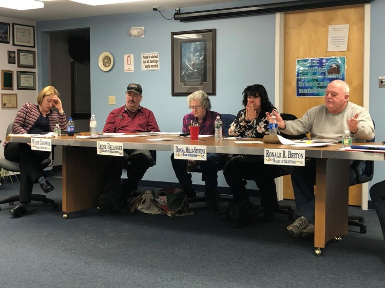 From left, China's town attorney Amanda Meader, and selectmen Wayne Chadwick, Irene Belanger, Donna Mills-Stevens and Chairman Ronald Breton discuss conflicts of interest at a Select Board meeting Tuesday night.