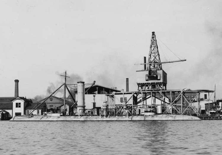 The USS Katahdin, a steel armored harbor defense ram, fitting out circa 1893-1895 at Bath Iron Works.
