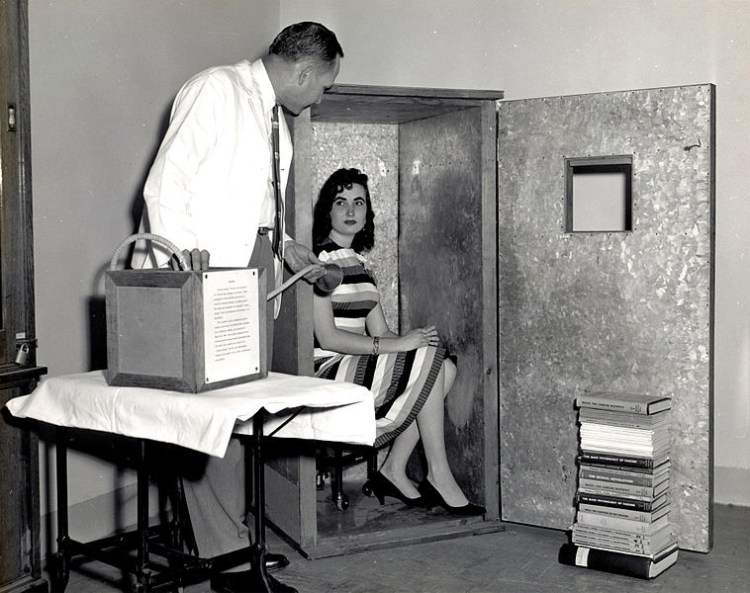 An orgone energy accumulator. Psychiatrist Wilhelm Reich declared the existence of a universal healing and revitalizing force, called orgone.

