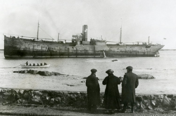 The Wandby, aground near Walker’s Point in Kennebunkport in March 1921. All the crew members survived. The wreck was a popular tourist attraction until a storm eventually knocked it back into the ocean. One of the cottages at the Bush family compound in Kennebunkport is reportedly named for the Wandby.



Photo courtesy of the Brick Store Museum Collection, Kennebunk