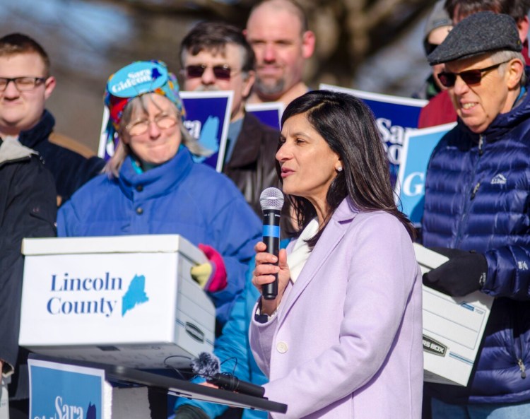 Maine Speaker of the House Sara Gideon, D-Freeport, tells supporters and the media that her campaign has collected about 3,000 signatures to qualify for the U.S. Senate primary race ballot, during an event on Wednesday outside the Maine State House in Augusta.