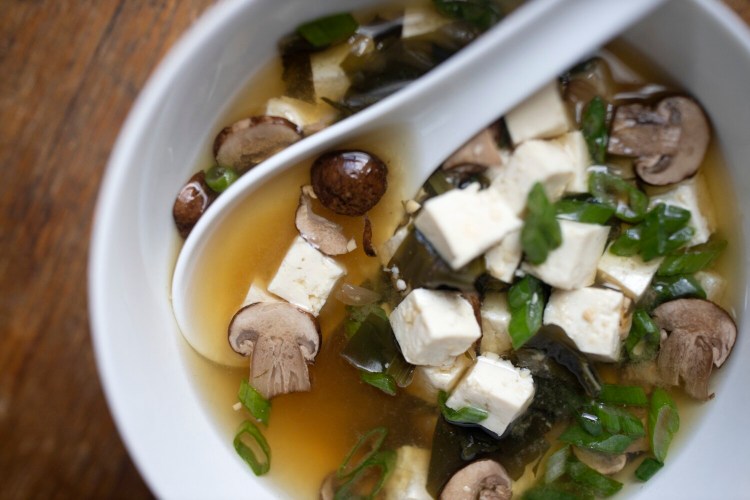 Miso soup with mushrooms and tofu. 