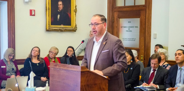 Penobscot Nation Chief Kirk Francis testifies Wednesday during a joint session of the Judiciary and the Legal and Veterans Affairs committees at the Maine State House in Augusta. 