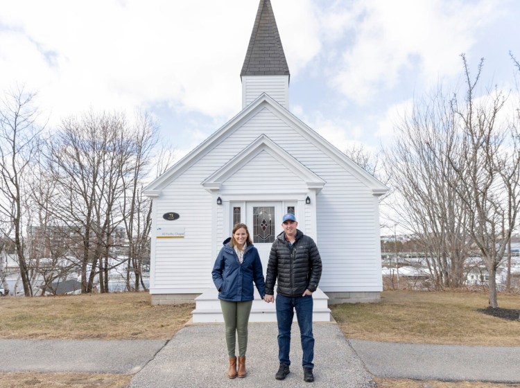 Kimberly Kowalski and Jameson Buck pose outside the All-Faiths Chapel at Southern Maine Community College on Friday, the day before their wedding. Their first date was on Leap Day in 2016, so they decided to tie the knot in small ceremony at the chapel on Leap Day this year.