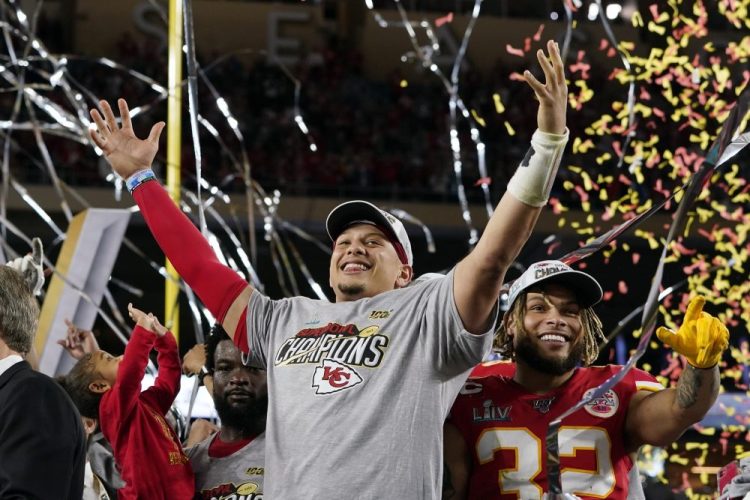 Kansas City Chiefs' Patrick Mahomes, left, and Tyrann Mathieu celebrate after defeating the San Francisco 49ers in the NFL Super Bowl 54 football game Sunday.