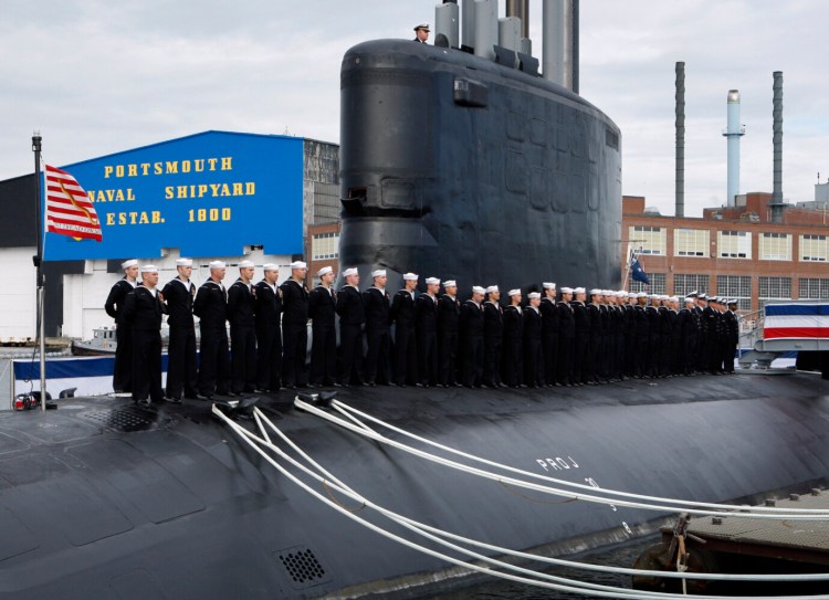 Sailors line the deck during the commissioning of the USS New Hampshire, a Virginia-class nuclear submarine, at the Portsmouth Naval Shipyard, in Kittery on Oct. 25, 2008. The Connecticut congressional delegation is pushing back against a Trump budget recommendation to fund only a single submarine in the proposed new budget.