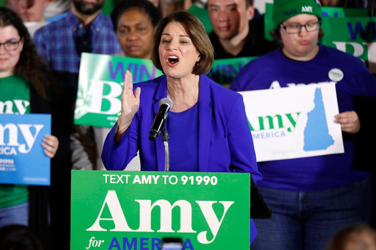 Democratic presidential candidate Amy Klobuchar speaks at her election night party on Tuesday in Concord, N.H. She finished a strong third in the primary, raising her profile in the nominating contest.