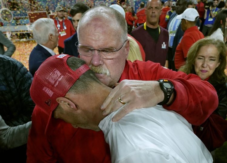 Kansas City Chiefs Coach Andy Reid hugs San Francisco 49ers Coach Kyle Shanahan after Super Bowl LIV on Sunday in MIami Gardens, Fla. Shanahan must recover after another Super Bowl collapse, (the first when he was an offense coordinator for the Atlanta Falcons) and more importantly, he must help his players recover.