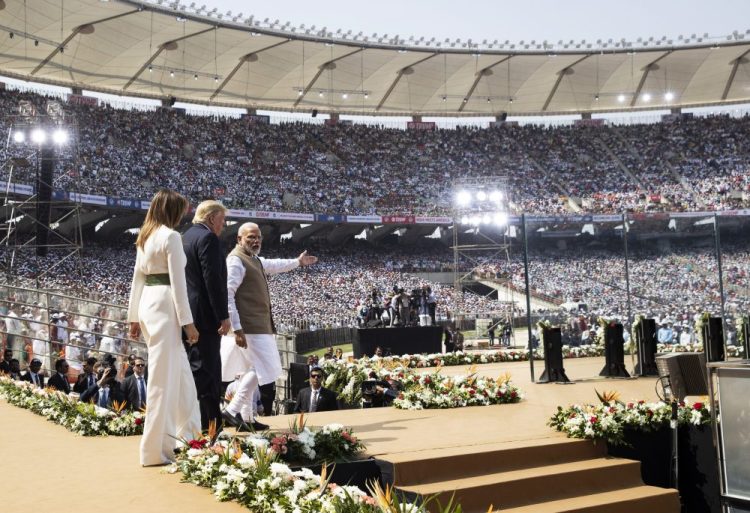 U.S. President  Trump, first lady Melania Trump and Indian Prime Minister Narendra Modi arrive for a "Namaste Trump," event at Sardar Patel Stadium on Monday in Ahmedabad, India. Trump's day included a high-wattage trio of presidential photo-ops: a visit to a former home of independence leader Mohandas Gandhi, a rally at a huge cricket stadium and a trip to the famed Taj Mahal. 