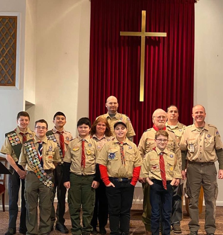 Boy Scout Troop 485 of Skowhegan  celebrated not only Scout Sunday on Feb. 9, but the 100th anniversary of Methodist Scouting with their charter organization the Centenary United Methodist Church in Skowhegan. In front, from left, are 
Michael Connolly, Jeremiah Wiswall, Thomas Gage and Taylor Hayden. In the middle row, from left, are Connor Files, Noah Wiswall, Shelley Connolly, Gene Rouse and Darren Files. And in back, from left, are 
Shawn Hayden and Donald Gage.