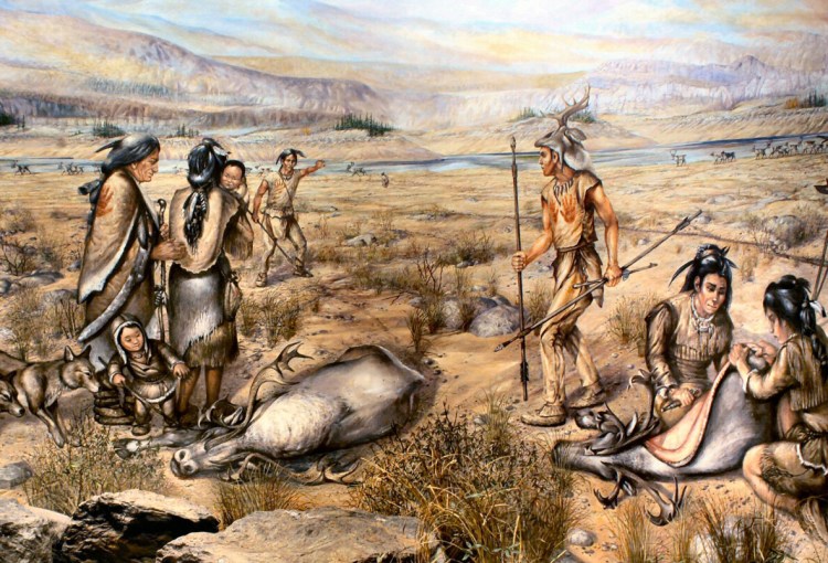 Paleo-Indian caribou hunters depicted on the background of the Meat Cache diorama exhibit at the Maine State Museum.
