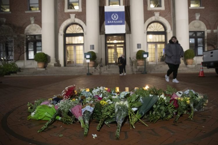 A makeshift memorial  for Tessa Majors inside the Barnard College campus in New York on Dec. 12.  Authorities say a 14-year-old was arrested Saturday in the fatal stabbing.