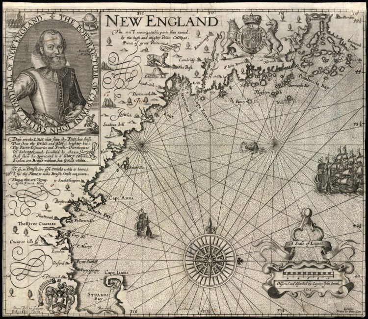 1616 Map of New England, based on John Smith's 1614 voyage along the New England coast.
It is the first map to use the name “New England”for an area that had up until this time been called “North Virginia.” 
(Map reproduction courtesy of the Norman B. Leventhal Map & Education Center at the Boston Public Library.)