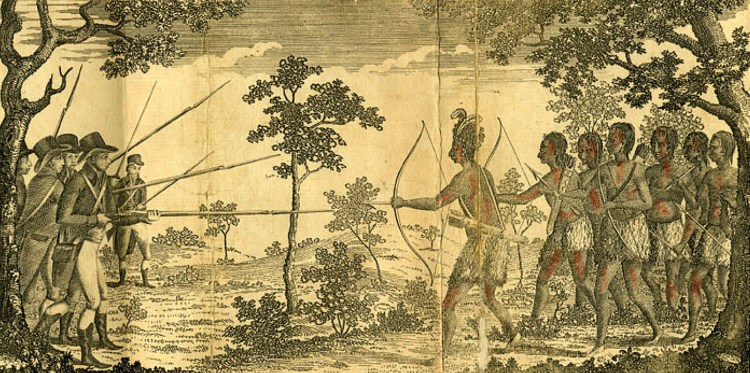 Throughout British North America, the colonial era was marked by warfare between settlers and Native Americans, and Maine was one of the worst conflict zones, with a series of wars spanning nearly a century. This hand-colored engraving of an Anglo-Amerindian military engagement was the frontispiece of a leading early 19th century work, Henry Trumbull's "History of the discovery of America." (Image courtesy of the Schingoethe Center of Aurora University)