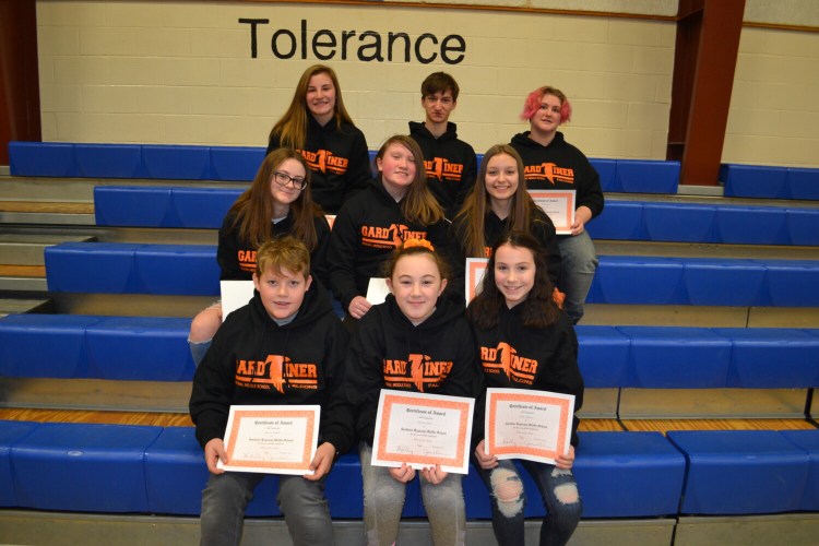 Gardiner Regional Middle School Falcons of the Month for November, December and January. Front, from left, are Landon Getchell, Camden Genest and Julie Folson. Second row from left are Mekenzie Soiett, Sophia Kearns and Lia Umland. Back from left are Taylor Takatsu, Ethan Arsenault and Seth Sears.