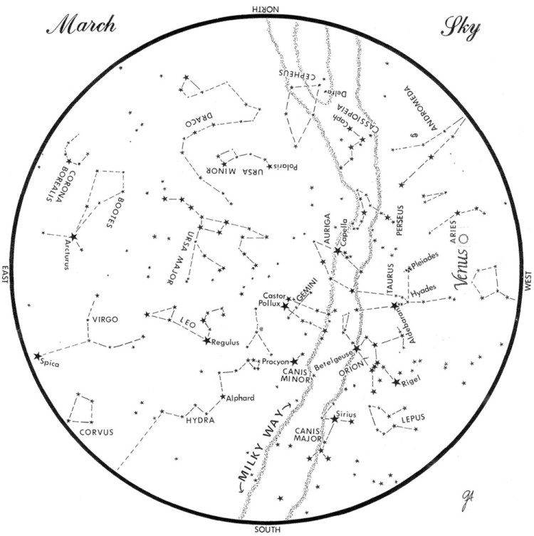 SKY GUIDE:  This chart represents the sky as it appears over Maine during March.  The stars are shown as they appear at 9:30 p.m. early in the month, at 9:30 p.m. at midmonth and at 8:30 p.m. at month’s end. Venus is shown in its midmonth position.  To use the map, hold it vertically and turn it so that the direction you are facing is at the bottom.