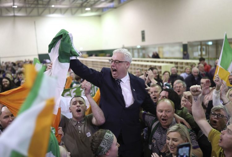 Thomas Gould of Sinn Fein tops the poll and is elected in Cork North Central, during the Irish General Election count at the Nemo Rangers GAA Club in Cork, Ireland. 