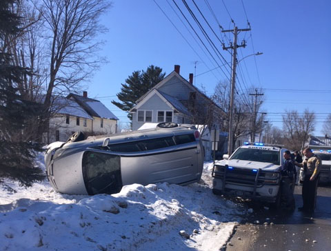 Police chasing the driver of this vehicle forced him off the road on Heselton Street in Skowhegan after his former spouse, alerted by surveillance cameras, discovered him in her house Friday.
