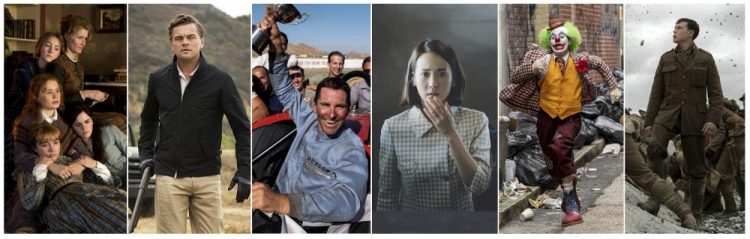 This combination photo shows scenes from six Oscar nominated films, from left, "Little Women," "Once Upon a Time... in Hollywood," "Ford v. Ferrari," "Parasite," "Joker," and "1917." The Oscars will be held on Sunday, Feb. 9. (Sony/Sony/20th Century Fox/Neon/Warner Bros/Universal Pictures via AP)