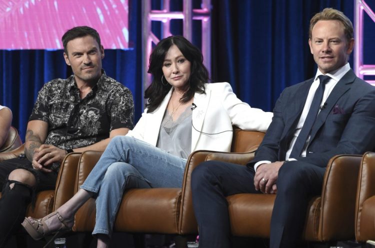 Brian Austin Green, from left, Shannen Doherty and Ian Ziering participate in Fox's "BH90210" panel at the Television Critics Association Summer Press Tour in Beverly Hills, in August.