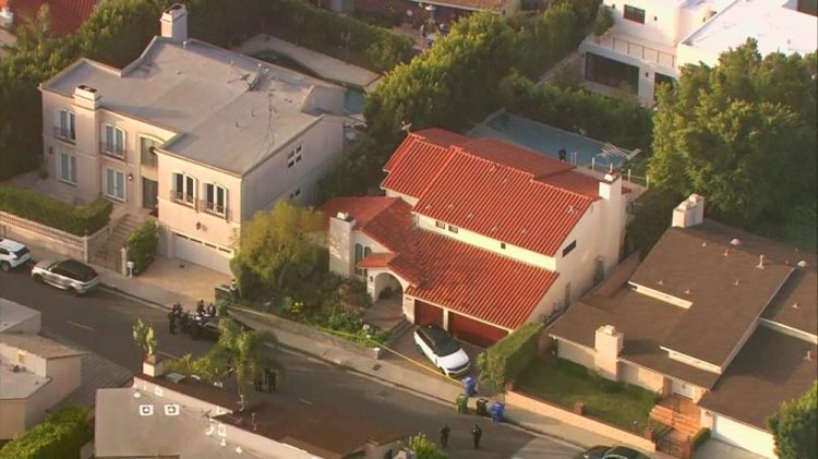 This aerial photo taken from video provided by Fox11 News KTTV-TV shows the Hollywood Hills home, center, where Pop Smoke, 20, was shot and killed early Wednesday, Feb. 19 in Los Angeles. 