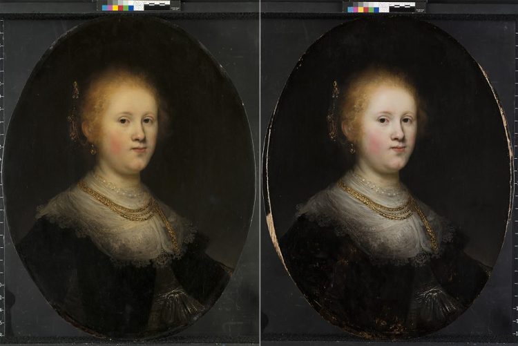 This photo combo provided by Allentown Art Museum shows from left, before and after restoration of a painting called "Portrait of a Young Woman."  
