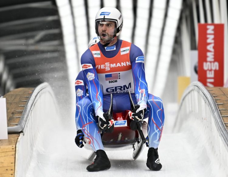 Chris Mazdzer and Jayson Terdiman of United States a race at the World Luge Championships in Krasnaya Polyana on Feb. 16.