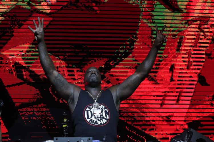 Former NBA basketball player Shaquille O' Neal acts as a DJ at the pre-Super Bowl party "Shaq's Fun House," on Saturday in Miami. 