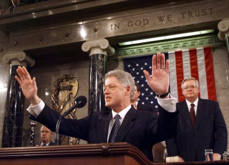 President Clinton gives  his State of the Union address on Jan. 19, 1999. House Speaker Dennis Hastert of Illinois is at right. Clinton delivered his address before a nation transfixed by his impeachment. 