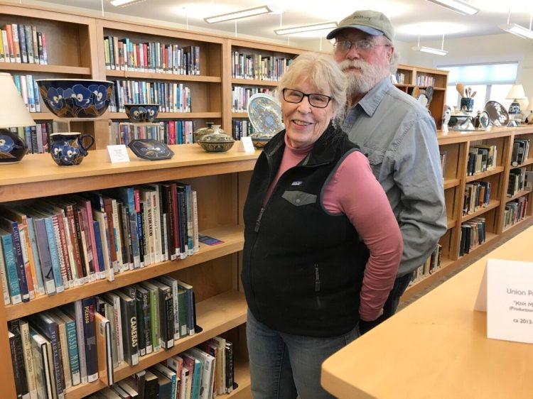 Sue Fairer, left, and Paul Gaudreau of Union Pottery will exhibit a large collection of pottery at Vose Library through February.
