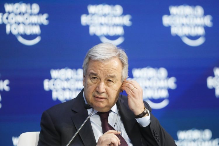 United Nations Secretary-General Antonio Guterres attends a session during the World Economic Forum in Davos, Switzerland, on Jan. 23.
