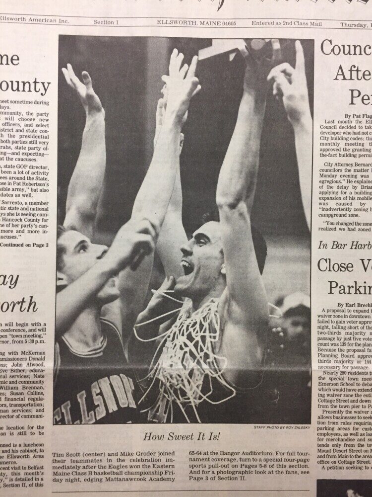 Tim Scott and his Ellsworth High School teammates are shown in this Ellsworth American photo celebrating their win in the Eastern Maine Class B championship on Feb. 19, 1988. Scott's historic 58-second scoring spree at the end of the game became known as the "miracle minute."