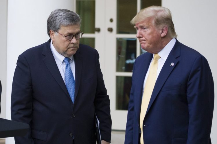 Attorney General William Barr, left, and President Trump on July 11, 2019, in the Rose Garden of the White House. More than 1,100 former Justice Department employees signed a public letter Sunday urging Barr to resign over his handling of the Roger Stone case.