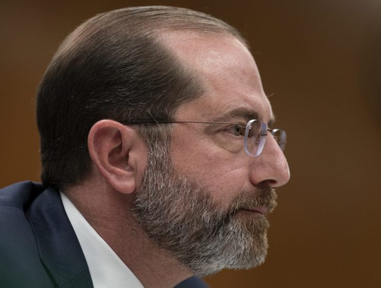 Secretary of Health and Human Services Alex Azar testifies before a Senate Appropriations subcommittee on President Trump's budget request for fiscal year 2021, on Capitol Hill in Washington on Tuesday. 