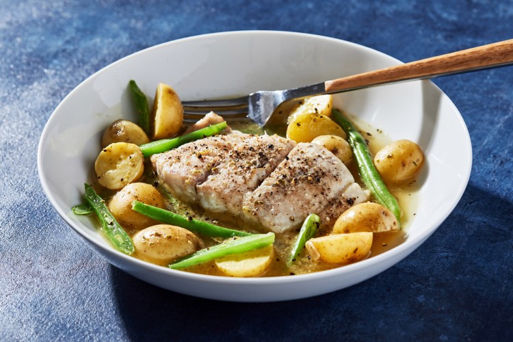 Roasted Fish With Potatoes and Green Beans in Pesto Broth. 