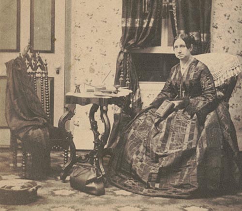 This photo taken from a stereograph shows Dorothea  Dix when she was Superintendent of Army Nurses for the Union Army. There is a medical bag on the floor next to her.
