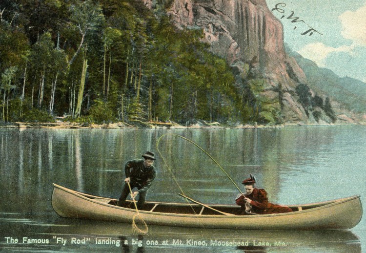 A postcard of "The famous 'Fly Rod' Crosby Landing a Big One at Mt. Kineo, Moosehead Lake." The postcard was sent in 1908.
