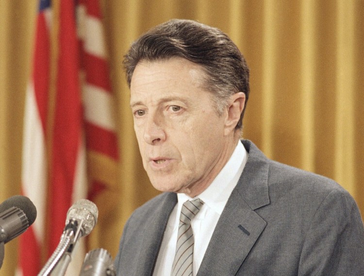 Defense Secretary Caspar Weinberger at a Pentagon press conference in 1985