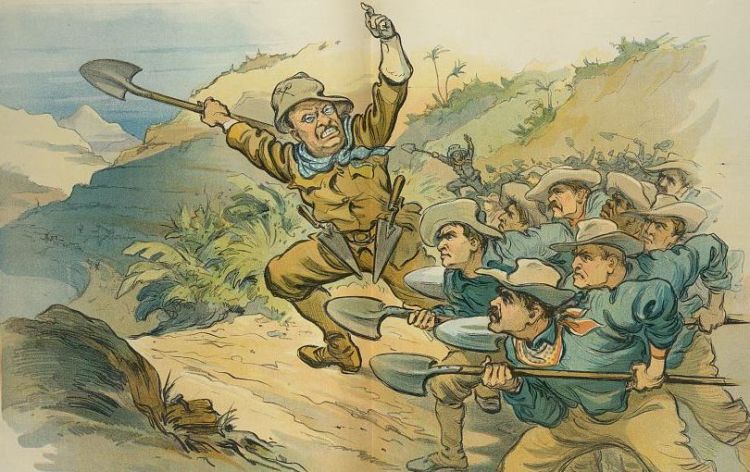 Cartoon published in the periodical Puck in 1906 entitled Roosevelt's Rough Diggers. President Theodore Roosevelt is shown leading laborers with shovels towards the site of the Panama Canal. The man in the rear is wearing a hat with the name "Jake" on it, perhaps referring to John Frank Stevens.
