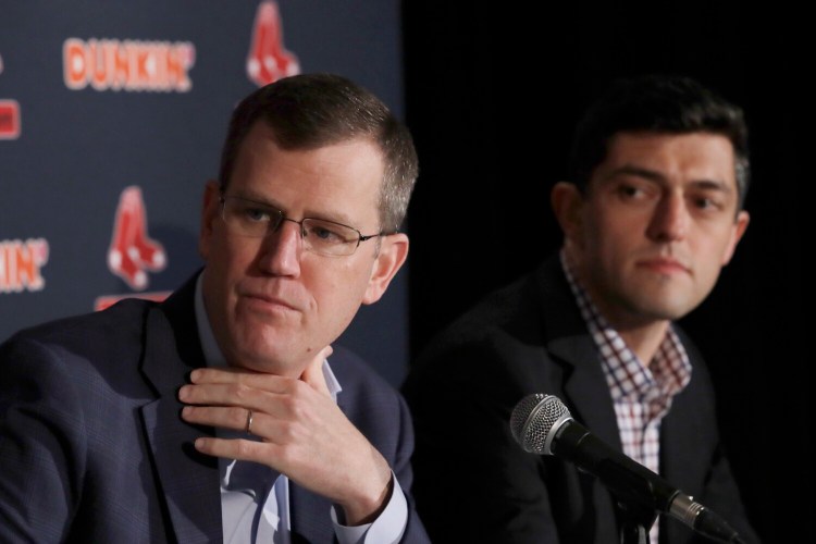 Red Sox CEO Sam Kennedy is hopeful MLB will be able to salvage its 162-game season, but also admist, "It’s not just as easy as pushing play” to resume games. At right is Red Sox Chief Baseball Officer Chaim Bloom.

